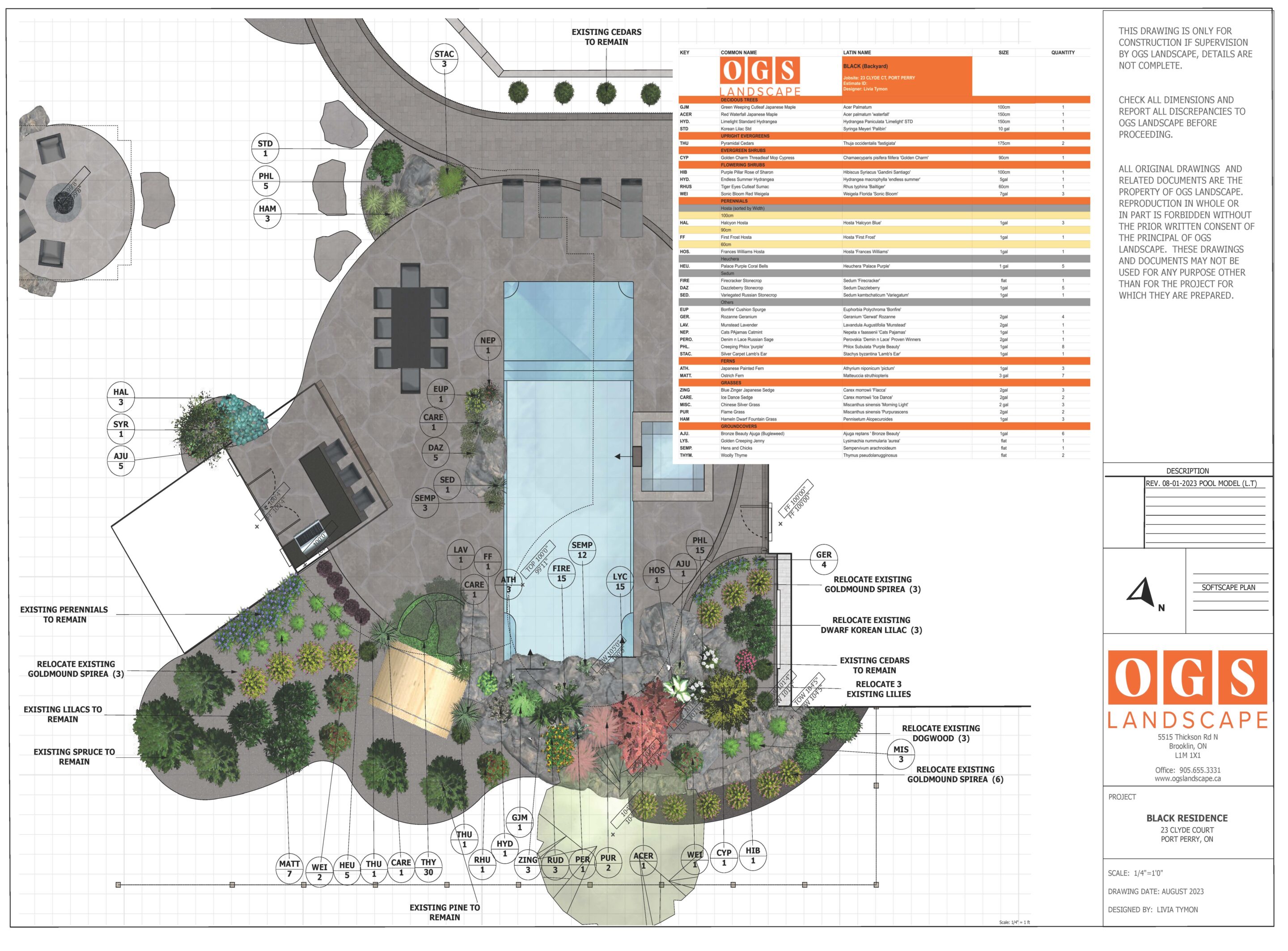 A professional landscape design drawing from OGS for a residential property. The plan features a large rectangular swimming pool centered in the backyard, surrounded by stone paving and tiered garden beds. Various trees and shrubs are mapped out with coded labels (e.g., AP, BN, JD) corresponding to a plant schedule. The layout includes a driveway, walkways, and a deck area, with measurements and technical annotations throughout.