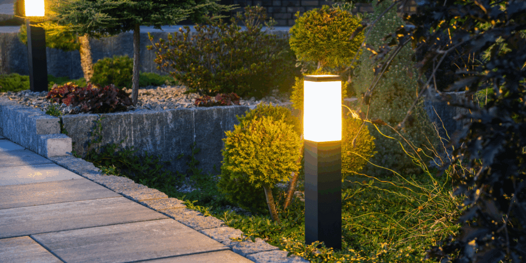 Illuminated garden path at night