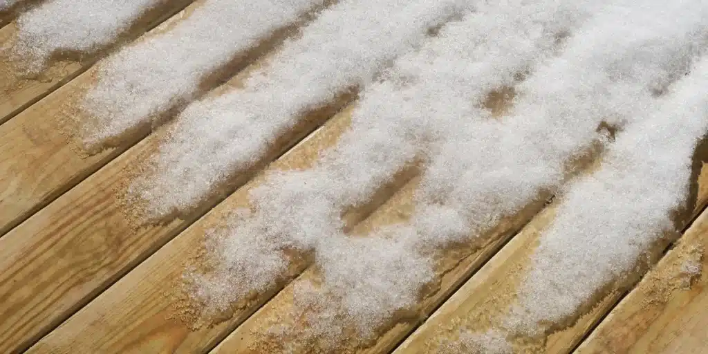 A close-up of a natural wood deck installed by OGS Landscapes, showing a light dusting of melting snow and ice, highlighting the durability and weather-resistant finish of their custom outdoor living spaces.