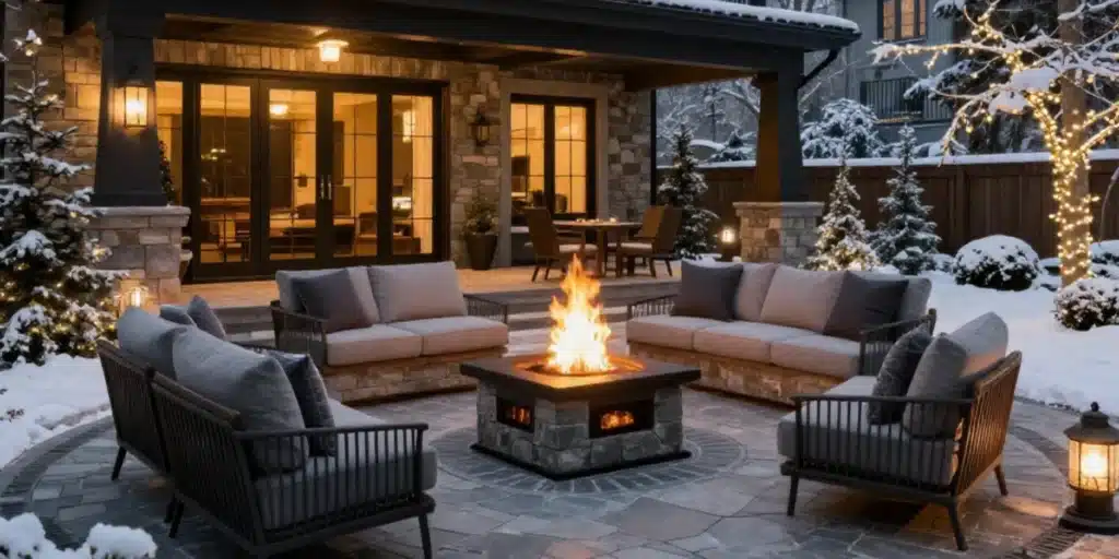 A stunning evening shot of a luxury stone patio by OGS Landscapes featuring a custom stone fire pit, cozy outdoor seating, and warm ambient lighting set against a snowy backyard landscape.