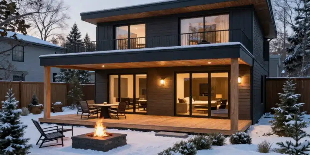 A modern two-story home featuring a seamless transition from a custom OGS Landscapes wood deck to a snowy yard, complete with a built-in stone fire pit for year-round outdoor enjoyment.