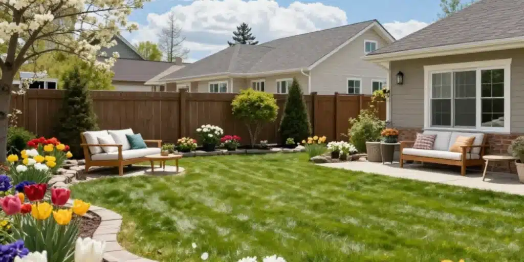 A lush, professionally manicured backyard by OGS Landscapes during the spring, featuring vibrant tulip borders, perfectly edged lawn strips, and comfortable patio seating areas.
