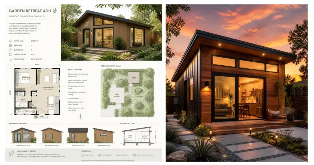 Architectural blueprint and modern design rendering of a "Garden Retreat ADU" (Additional Dwelling Unit) designed to integrate into a backyard and work well in the winter season.